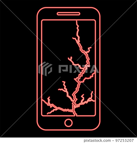 Neon smartphone with crack on display Broken modern mobile phone Shattered smartphone screen Phone with broken matrix of screen Cell phone with cracked touch screen in bottom Broken glass telephone 97253207