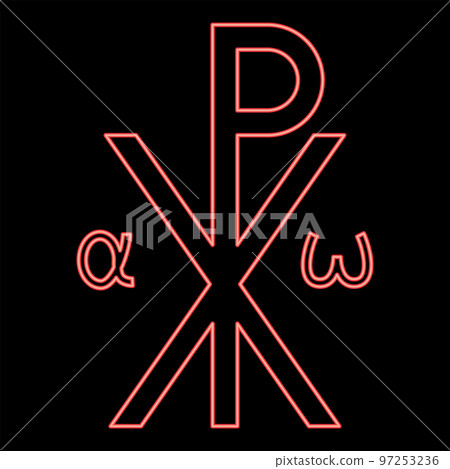 Neon crismon symbol Cross monogram Xi Hi Ro Konstantin Symbol Saint Pastor sign Religious cross Alfa Omega red color vector illustration image flat style Neon crismon symbol Cross monogram Xi Hi Ro Konstantin Symbol Saint Pastor sign Religious cross Alfa Omega red color vector illustration image flat style 97253236