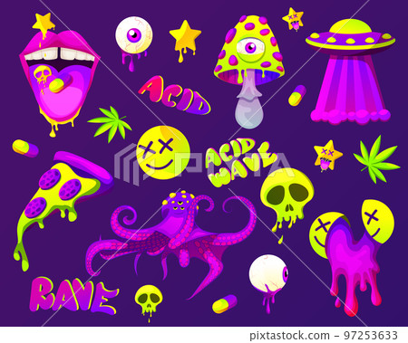 Rave trip collection with psychedelic stickers. Psychedelic acid elements andcharacters. mouth with tongue and UFO, eye, mushrooms, pills, pizza acid backgrounds. Rave trip collection with psychedelic stickers. Psychedelic acid elements andcharacters. mouth with tongue and UFO, eye, mushrooms, pills, pizza acid backgrounds. 97253633