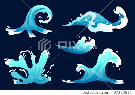 Water splash, vfx game cartoon video effects set. Cartoon blue ocean or sea stream with drops and splatters, fx storyboard Vector illustration 97253655