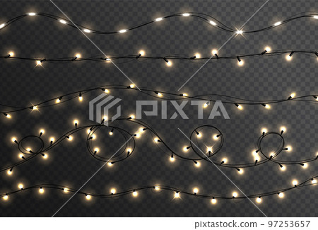 Christmas lights isolated realistic design elements. Christmas garland. Glowing yellow light bulbs with sparkles. Xmas, New Year, wedding or Birthday decor. 97253657