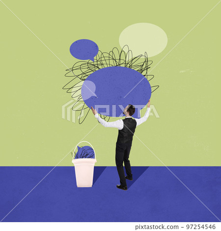 Man puts his mental state in order. Psychotherapy and person psychology concept. Contemporary art collage. Minimalistic style 97254546