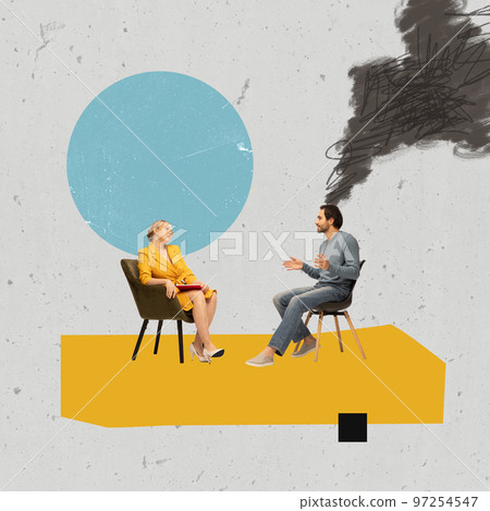 At psychologist's office. Two people, psychologist therapist and patient communicate, look for ways out of life and mental problems. Concept of support, psychology 97254547