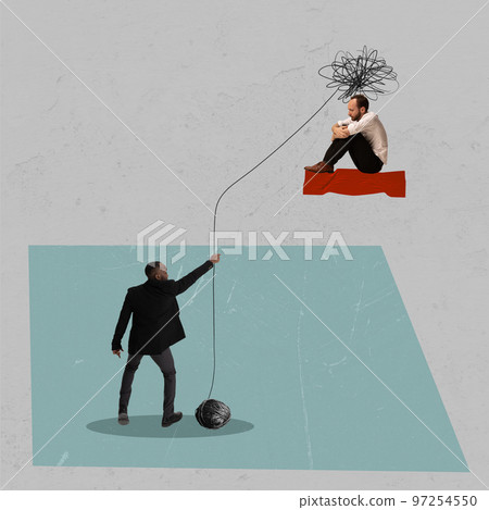 Help of psychologist. Young man feeling of sadness, depression. Psychotherapy and person psychology concept. Contemporary art collage. Help of psychologist. Young man feeling of sadness, depression. Psychotherapy and person psychology concept. Contemporary art collage. 97254550