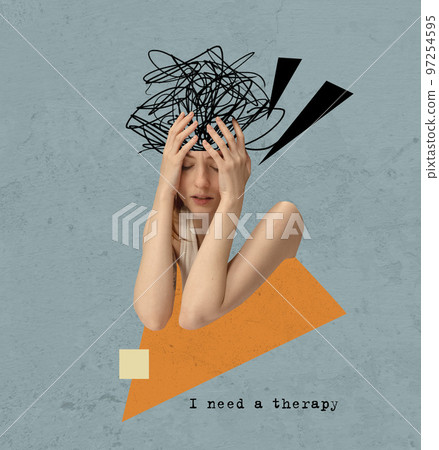 Modern lifestyle and mental health. Psychotherapy and person psychology concept. Contemporary art collage. Minimalistic style Modern lifestyle and mental health. Psychotherapy and person psychology concept. Contemporary art collage. Minimalistic style 97254595