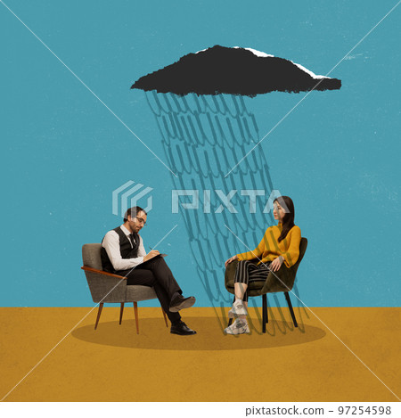 At psychologist's office. Two people, psychologist therapist and patient communicate, look for ways out of life and mental problems. Concept of support, psychology 97254598