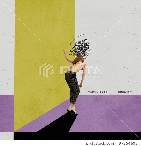 Young woman feeling of worry, nervousness. Psychotherapy and person psychology concept. Social issues solution. Contemporary art collage. Minimalistic style Young woman feeling of worry, nervousness. Psychotherapy and person psychology concept. Social issues solution. Contemporary art collage. Minimalistic style 97254603