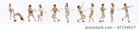 Collage. Young people, man and woman, friends in stylish retro clothes dancing isolated over white background Collage. Young people, man and woman, friends in stylish retro clothes dancing isolated over white background 97254657