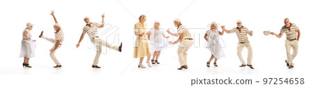 Collage. Stylish senior people, man and women in vintage clothes dancing swing isolated over white background 97254658