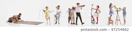 Collage. Little boys and girls, children, kids cleaning house, helping with domestic duties isolated over white background 97254662