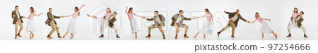 Collage. Young, stylish couple, man and woman in elegant clothes dancing retro dance isolated over white background Collage. Young, stylish couple, man and woman in elegant clothes dancing retro dance isolated over white background 97254666