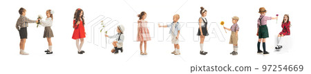 Collage. Portraits of little boys and girls, charming kids in retro style outfit, isolated on white background. Presenting flowers. Art, childhood, care Collage. Portraits of little boys and girls, charming kids in retro style outfit, isolated on white background. Presenting flowers. Art, childhood, care 97254669