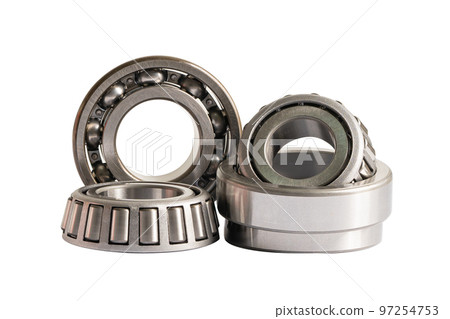 Ball bearing stainless metal roller for machine industrial, angular contact isolated on white background with clipping path. 97254753