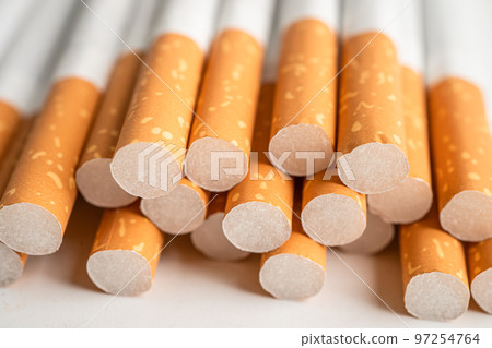 Cigarette, tobacco in roll paper with filter tube, No smoking concept. 97254764