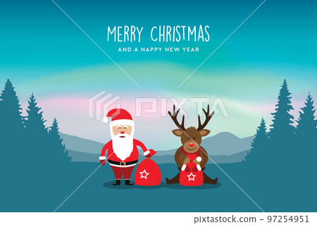 christmas greeting card with santa and deer at norht pole aurora borealis 97254951