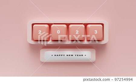 3D Rendering. Happy new year on the cute keyboard with red smooth tone. 97254994