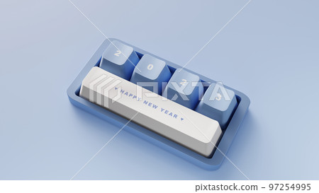 3D Rendering. Happy new year on the cute keyboard with blue tone. 3D Rendering. Happy new year on the cute keyboard with blue tone. 97254995