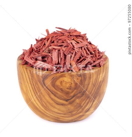 Red Sandalwood incense chips in wooden bowl, isolated on white background. Sanderswood, rubywood or red saunders. Red Sandalwood incense chips in wooden bowl, isolated on white background. Sanderswood, rubywood or red saunders. 97255080