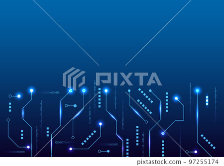 Black circuit board technology of commands of a computer system that transmits and receives data into the system. Emphasis on using blue tones as the main color with glowing points 97255174
