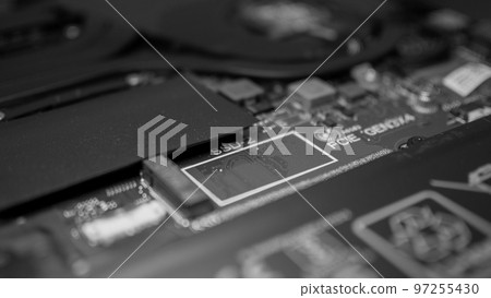 Circuit board with resistors microchips and electronic components. Computer hardware technology. Integrated communication processor. Information engineering. PCB. 97255430