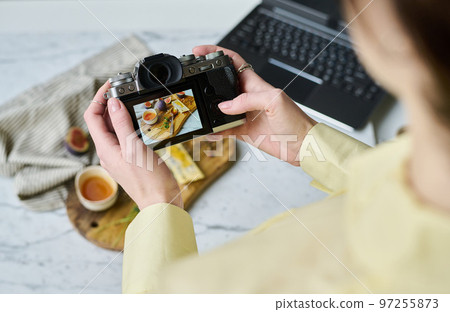 Close-up of woman taking photo of food on wooden board using her professional camera Close-up of woman taking photo of food on wooden board using her professional camera 97255873