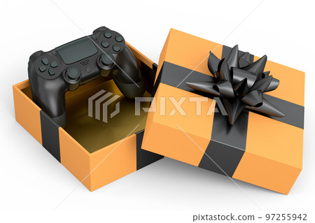 Gift boxes with joystick, ribbon and bow on white background. greeting design 97255942