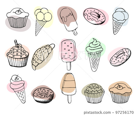 Line art set of desserts, cupcakes, ice cream and croissants. Illustration, sketch, vector Line art set of desserts, cupcakes, ice cream and croissants. Illustration, sketch, vector 97256170