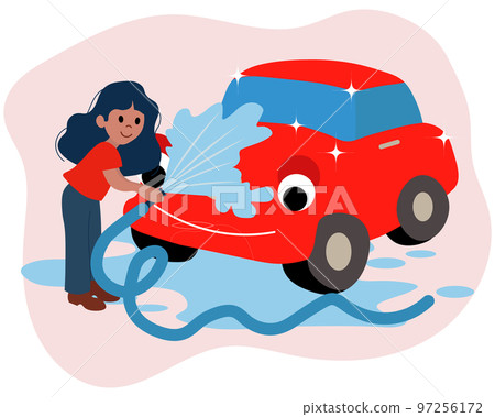 Car wash, a woman washes a car. Business concept. Illustration, vector 97256172