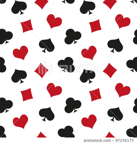 Seamless pattern, playing cards, spades, diamonds, hearts and clubs on a white background. Background, vector 97256173