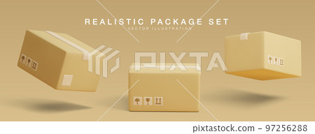 Set of 3D cardboard closed boxes isolated on light background. Realistic delivery cargo parcels with fragile care sign symbol, handling with care, protection from water rain. Vector illustration 97256288