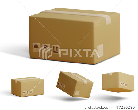 Set of 3D cardboard closed boxes isolated on light background. Realistic delivery cargo parcels with fragile care sign symbol, handling with care, protection from water rain. Vector illustration 97256289