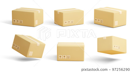 Set of 3D cardboard closed boxes isolated on light background. Realistic delivery cargo parcels with fragile care sign symbol, handling with care, protection from water rain. Vector illustration 97256290