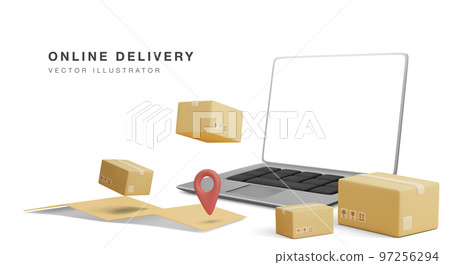 Online delivery banner with 3d realistic laptop, parcels and map with pointer in realistic style. Vector illustration 97256294