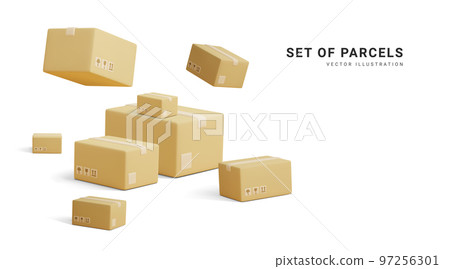 Set of parcels. Template of shopping packages. Cardboard boxes for packing and transportation of goods. Vector concept illustration 97256301