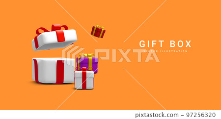 3d realistic pile gifts boxes with ribbon. Decorative festive objects. New Year and Christmas design banner. Vector illustration 97256320