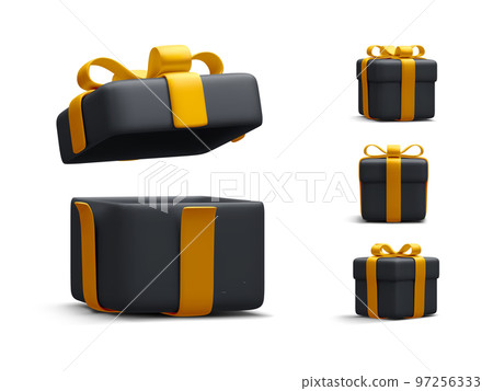 Set of 3d realistic black gift boxes with gold ribbon isolated on white background. Surprise boxes. Vector illustration Set of 3d realistic black gift boxes with gold ribbon isolated on white background. Surprise boxes. Vector illustration 97256333