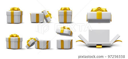 Set of 3d realistic gift boxes with gold ribbon isolated on white background. Surprise boxes. Vector illustration 97256338