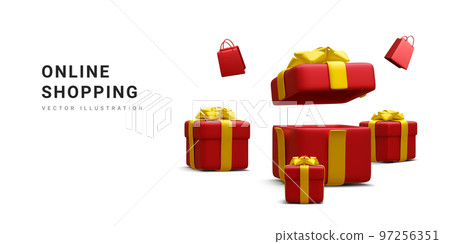 3d realistic banner for online shopping with shopping bag and gift box isolated on white background.  Vector illustration 97256351