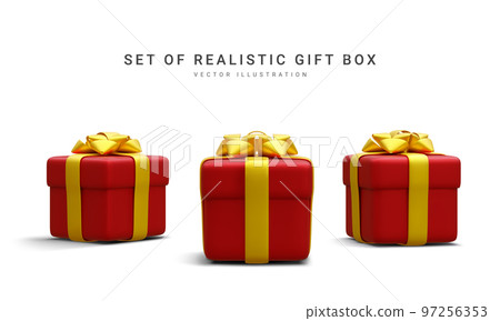 Set of 3d realistic red gift boxes with gold ribbon isolated on white background. Surprise boxes. Vector illustration Set of 3d realistic red gift boxes with gold ribbon isolated on white background. Surprise boxes. Vector illustration 97256353