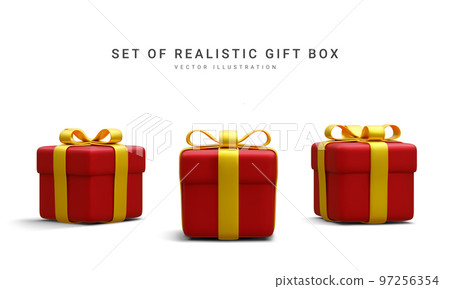 Set of 3d realistic red gift boxes with gold ribbon isolated on white background. Surprise boxes. Vector illustration Set of 3d realistic red gift boxes with gold ribbon isolated on white background. Surprise boxes. Vector illustration 97256354