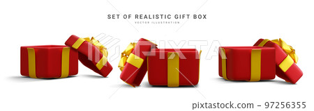 Set of 3d realistic red gift boxes with gold ribbon isolated on white background. Surprise boxes. Vector illustration 97256355