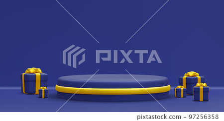 3d realistic blue round podium with gold circle on light background. Scene and platform with gift boxes on light background. Design pedestal for christmas. Vector illustration 97256358
