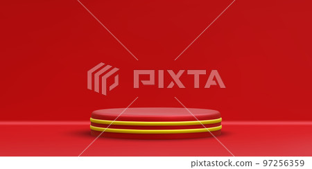 3d realistic red round podium. Scene and platform with gold circle on light background. Design pedestal for award and winner. Vector illustration 97256359