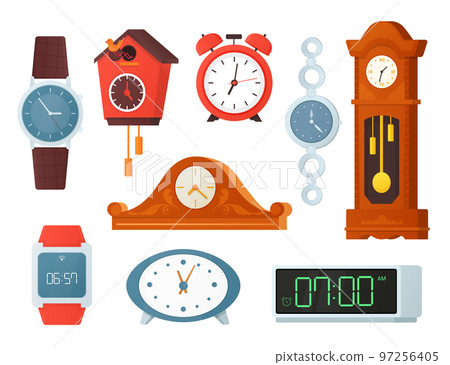 Electronic and analog clocks - flat design style objects set Electronic and analog clocks - flat design style objects set 97256405