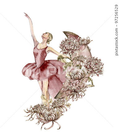 Watercolor dancing pink pretty ballerina with flowers and moon. Watercolor hand drawn illustration. Can be used for cards or posters. With white isolated background. Young  pretty ballerina women. 97256529