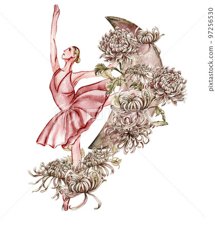 Watercolor dancing pink pretty ballerina with flowers and moon. Watercolor hand drawn illustration. Can be used for cards or posters. With white isolated background. Young pretty ballerina women. Watercolor dancing pink pretty ballerina with flowers and moon. Watercolor hand drawn illustration. Can be used for cards or posters. With white isolated background. Young pretty ballerina women. 97256530