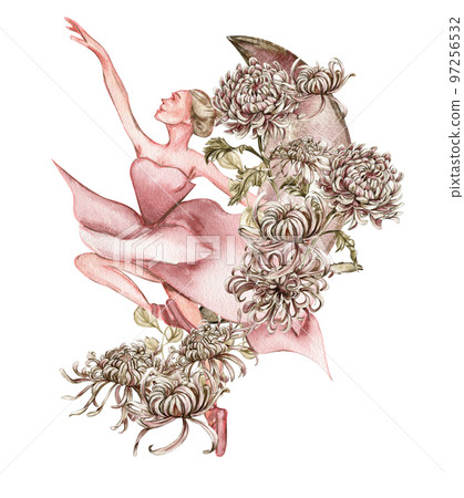 Watercolor dancing pink pretty ballerina with flowers and moon. Watercolor hand drawn illustration. Can be used for cards or posters. With white isolated background. Young  pretty ballerina women. 97256532