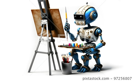 friendly robot artist in the studio next to his easel, painting and paints while working on white background, neural network ai generated art 97256807
