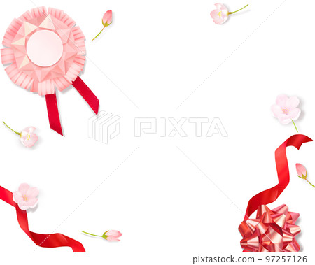 淺粉色可愛櫻花和摺紙環裝飾和獎牌絲帶-白色背框背景素材 97257126