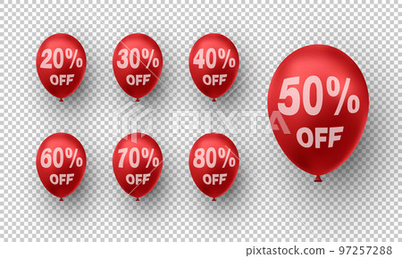Trendy red balloons with discounts percentage. Vector illustration 97257288